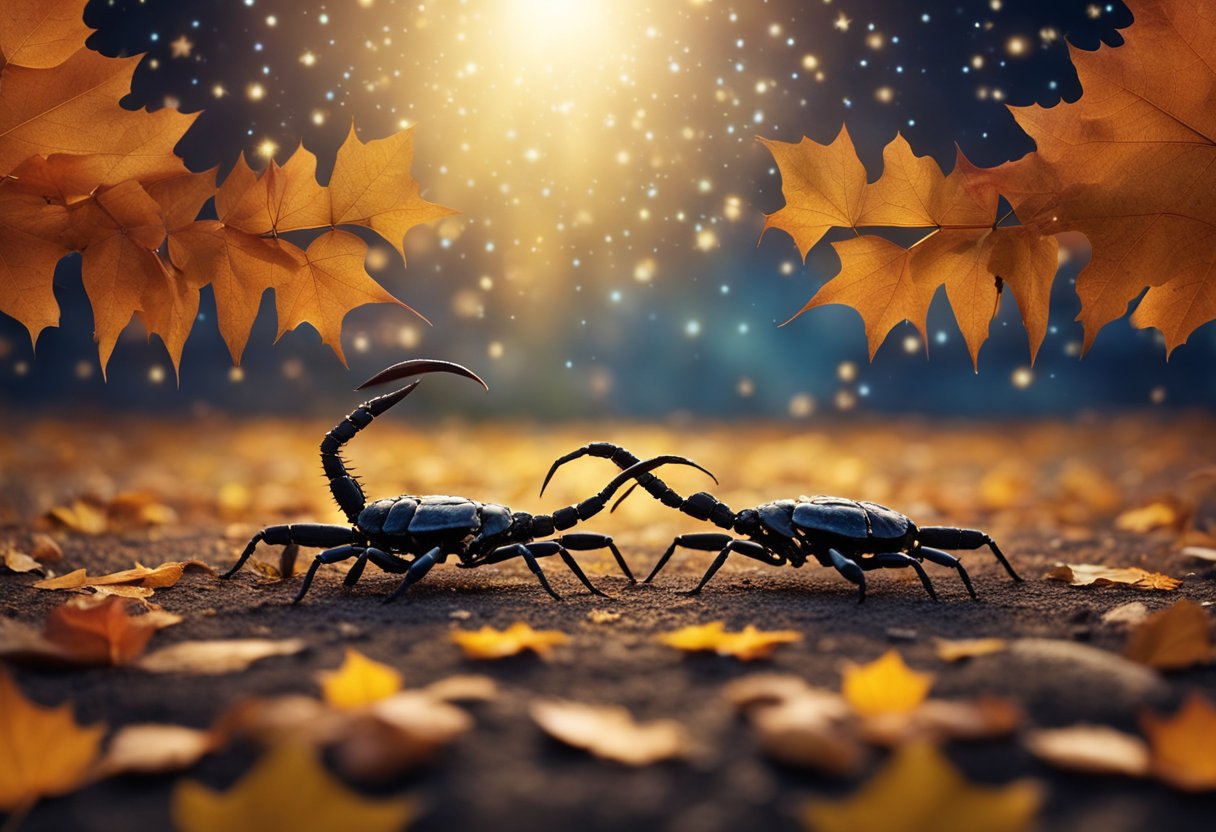 Two scorpions facing each other, one with a symbol of October and the other with a symbol of November, surrounded by autumn leaves and a starry sky