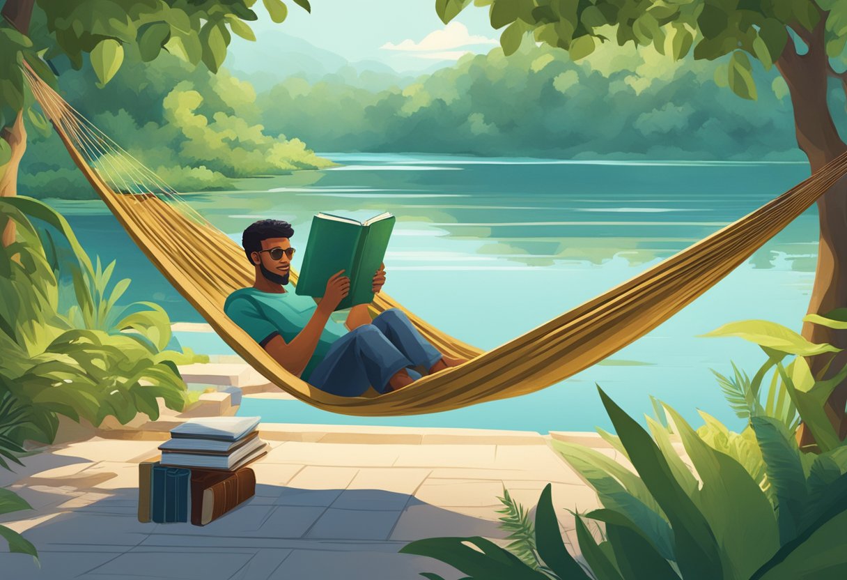 The Scorpio man lounges in a hammock, surrounded by lush greenery and a tranquil lake. A book and a cold drink sit nearby as he enjoys the peaceful escape