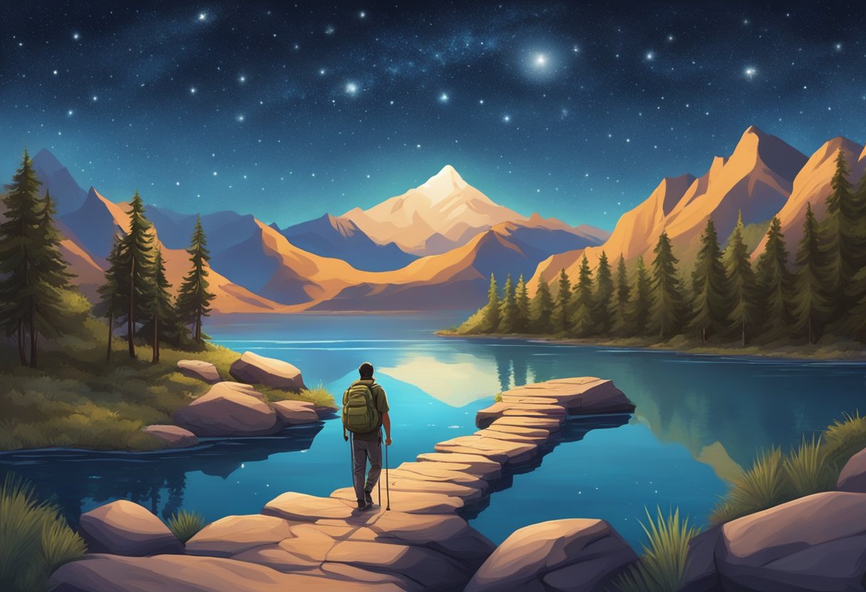 A lone Scorpio man hikes through a rugged mountain trail, seeking solitude. He sets up camp by a serene lake, fishing and meditating under the stars