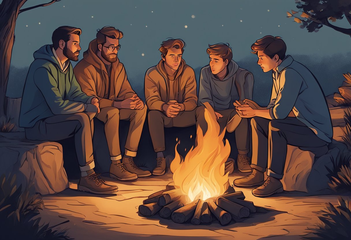 A group of friends gathered around a fire, deep in conversation. One man, with a focused and intense expression, listens attentively, exuding an aura of loyalty and depth in his interactions