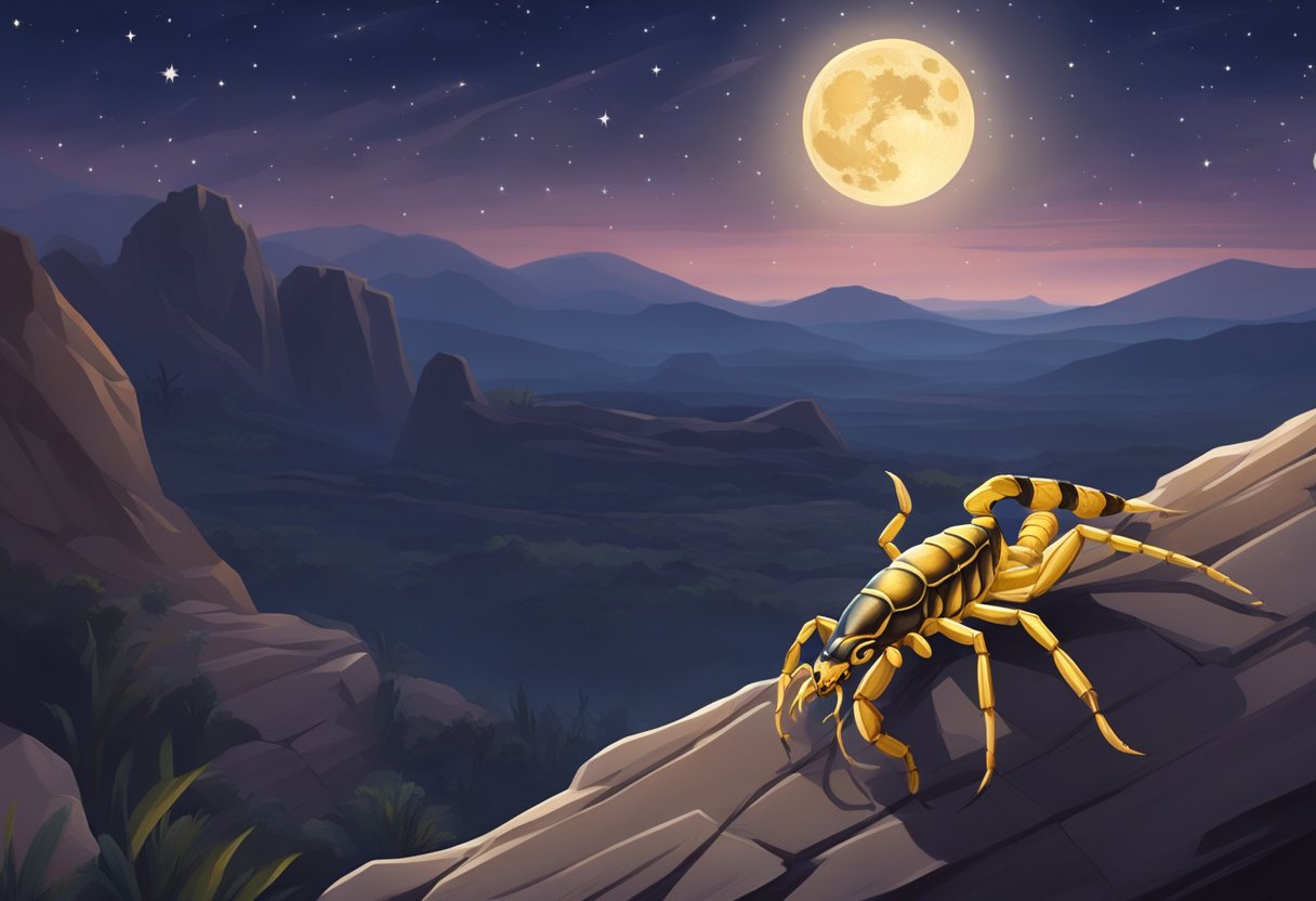 A scorpion perched on a rocky ledge under a starry sky, with its tail raised and ready to strike. The moon casts a soft glow on the scene, creating an eerie yet captivating atmosphere