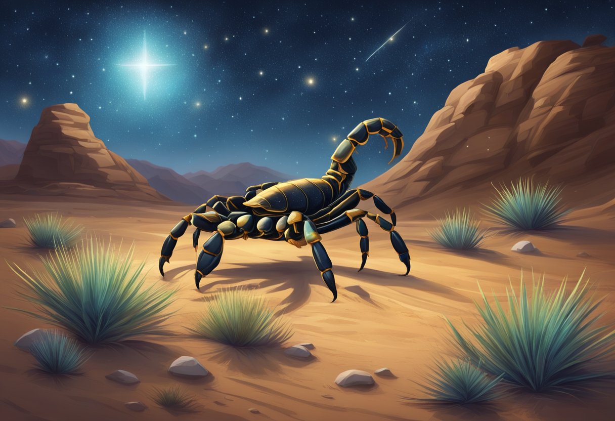 A scorpion crawls across a desert landscape under a starry sky, with the constellation of Scorpio shining brightly above