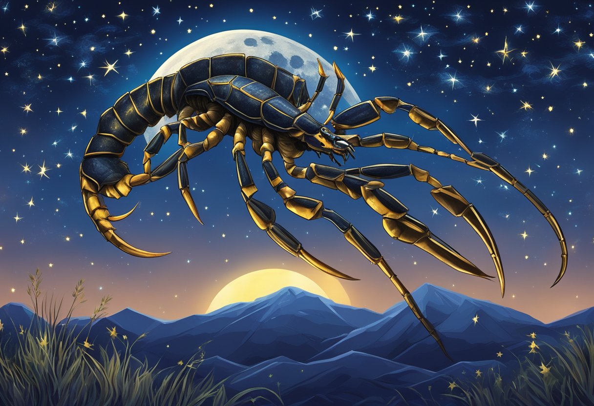 A scorpion crawls across a starry night sky, its tail poised and ready to strike, as the moon glows brightly in the background