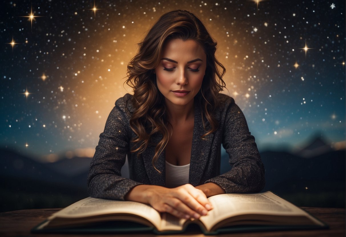 A Scorpio woman sits under a starry sky, surrounded by swirling emotions. Love and passion radiate from her as she reads her horoscope for the day