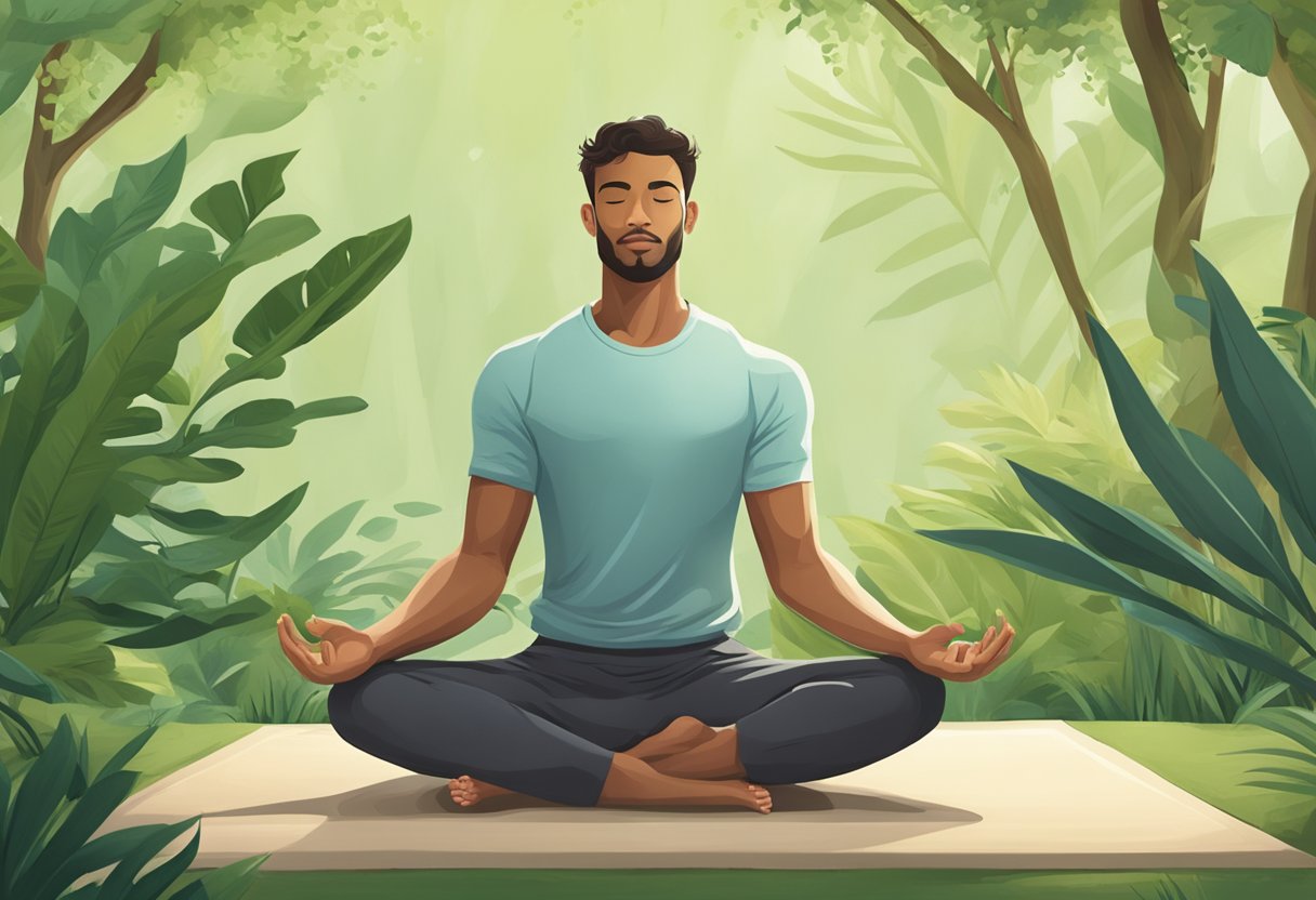 A Scorpio man meditates in a serene outdoor setting, surrounded by lush greenery. He practices yoga and stretches, focusing on his physical and mental well-being