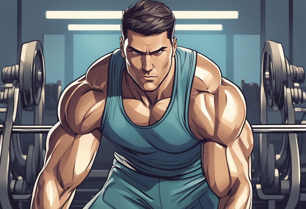 A muscular man in workout gear performs vigorous cardiovascular exercises, sweat glistening on his brow, as he maintains a determined and focused expression