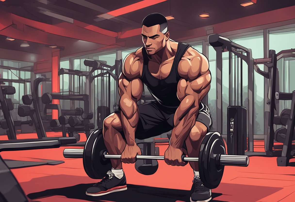 A muscular Scorpio man vigorously exercises in a dimly lit gym, surrounded by intense red and black equipment. His focused expression exudes determination and power