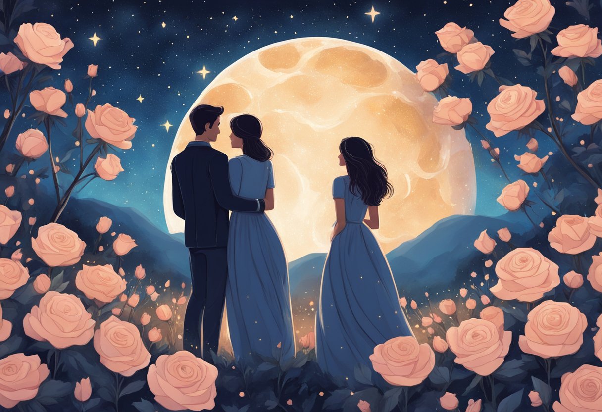 A couple embraces under a starry night sky, surrounded by blooming roses and a sense of deep connection