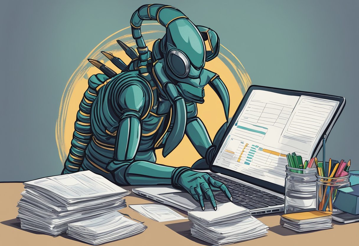 A Scorpio sits at a desk, surrounded by financial documents and a laptop. They are deep in thought, contemplating their career path and financial decisions for the month of March 2024