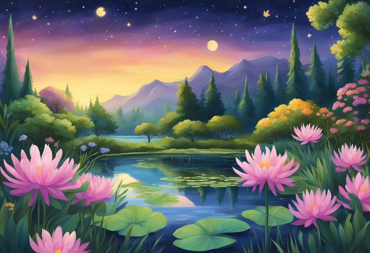 A lush garden with blooming flowers and vibrant greenery, symbolizing personal growth and well-being. A serene pond reflects the starry night sky, while a majestic scorpion gracefully navigates the landscape