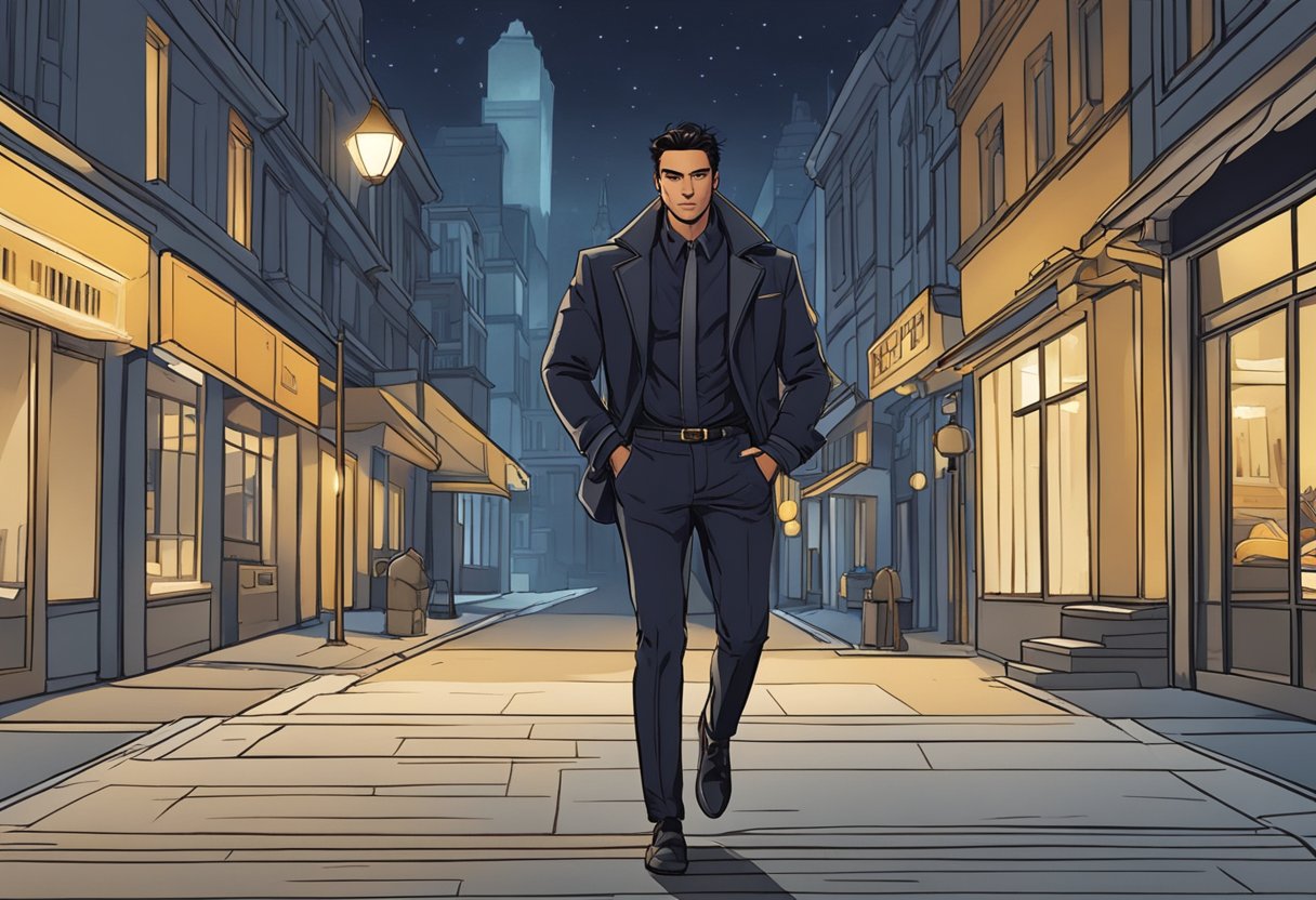 A Scorpio man confidently struts down a dimly lit street, wearing a sleek and mysterious ensemble that exudes power and intensity