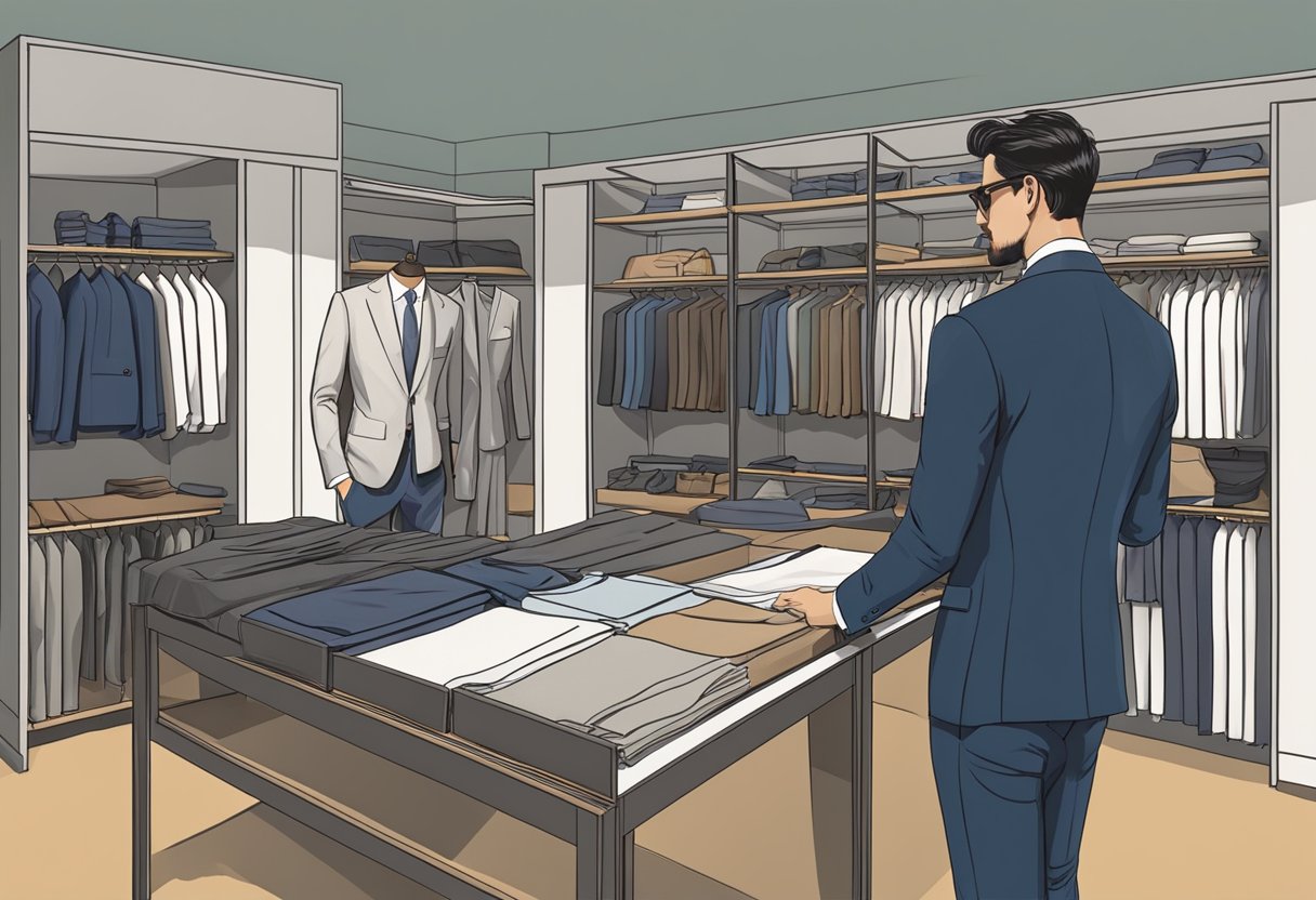 A stylish Scorpio man browsing through a rack of high-end suits, carefully examining the fabric and cut with a discerning eye