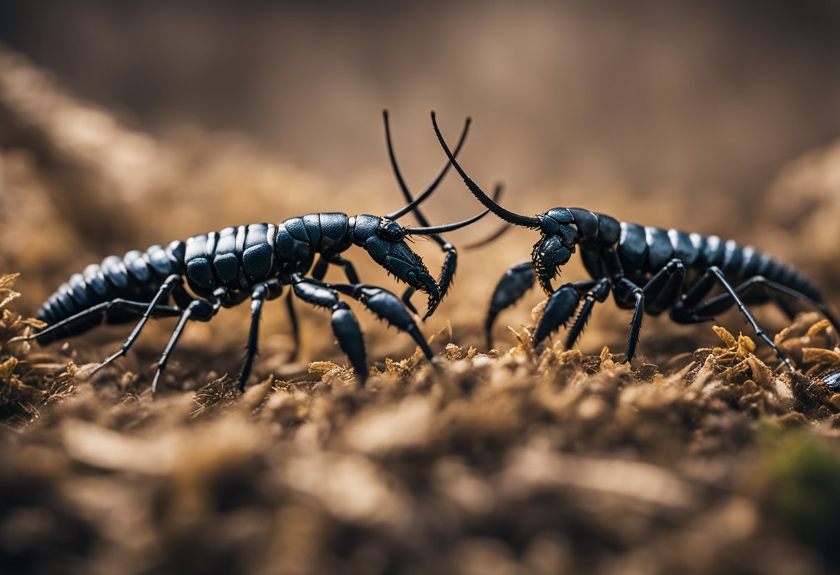 Two scorpions, one in October and one in November, facing each other with their stingers raised in a defensive posture