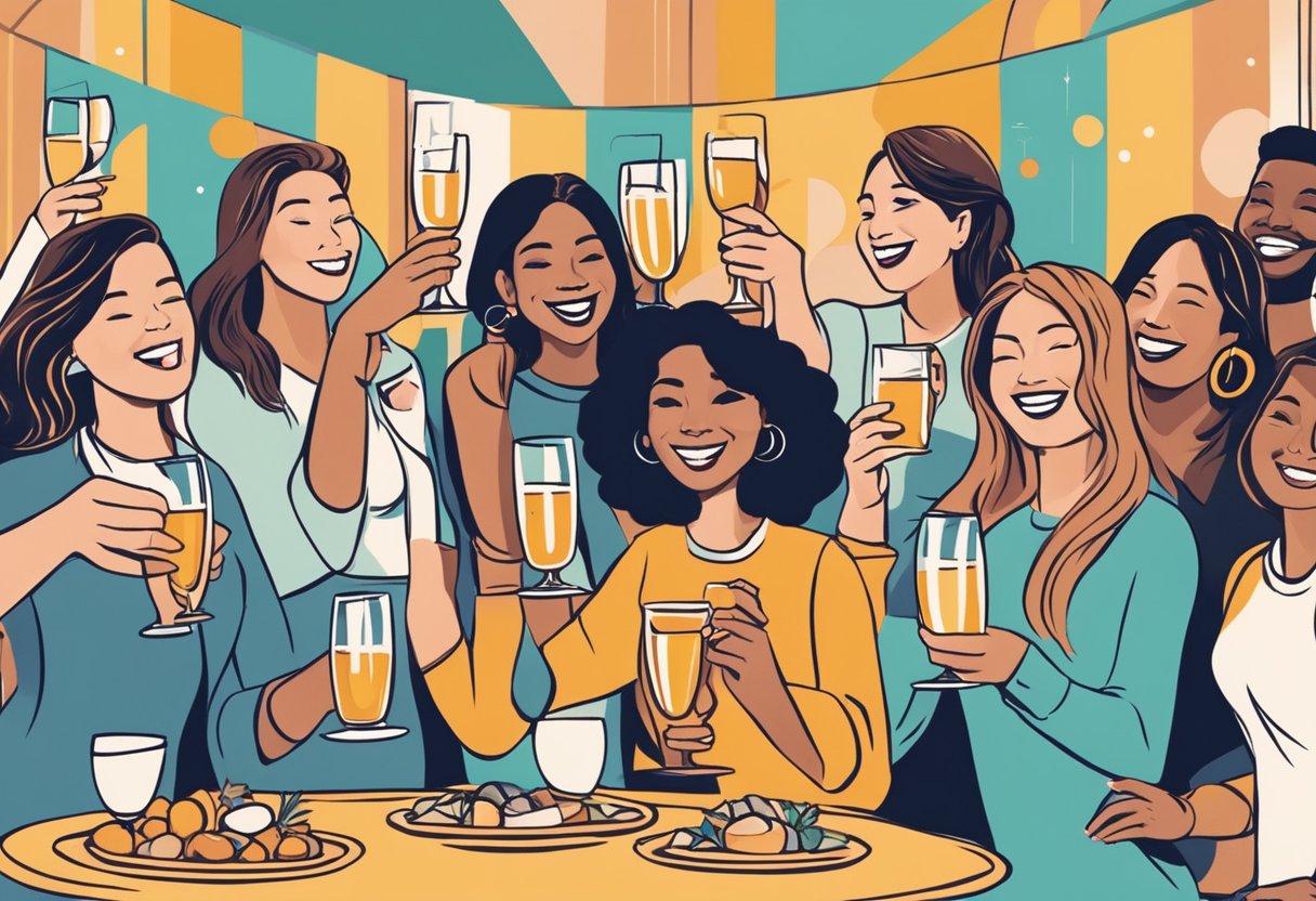 A group of women raise their glasses in a toast, smiling and laughing, surrounded by symbols of strength and power