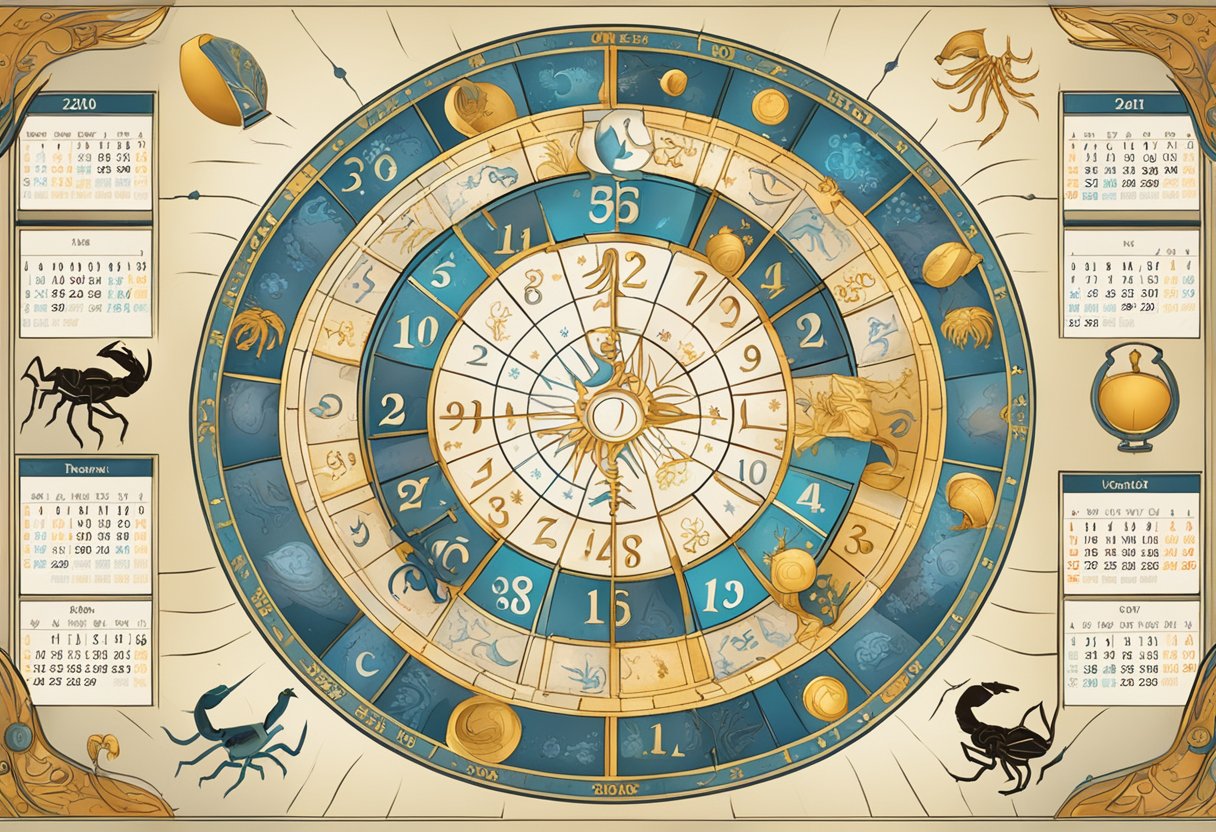 A calendar with "Scorpio dates" highlighted in bold surrounded by astrological symbols and a scorpion motif