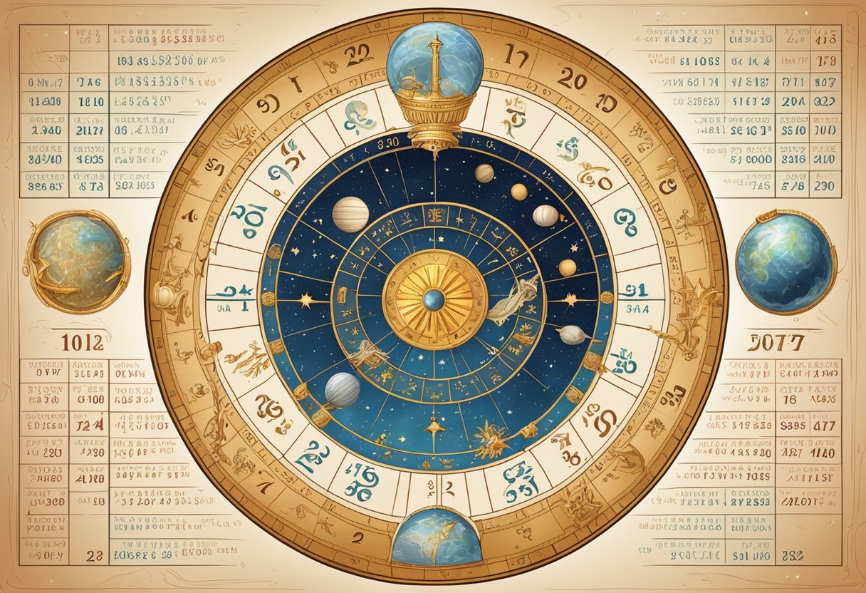 A detailed astrological calendar for Scorpio, with dates and zodiac symbols, surrounded by celestial elements and constellations