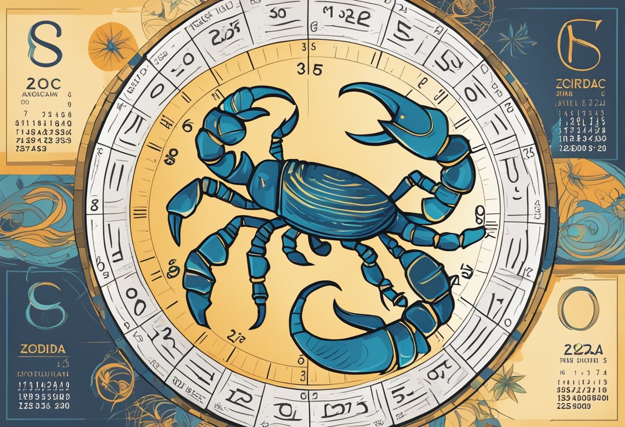 The calendar dates of the Scorpio zodiac cycle are highlighted with bold, dark lines, while the corresponding zodiac symbol is depicted in the background