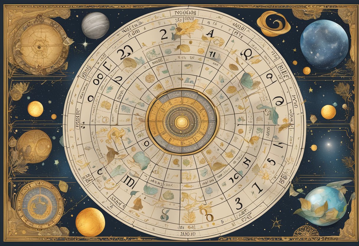 A calendar with the month of October and November highlighted, surrounded by astrological symbols and constellations
