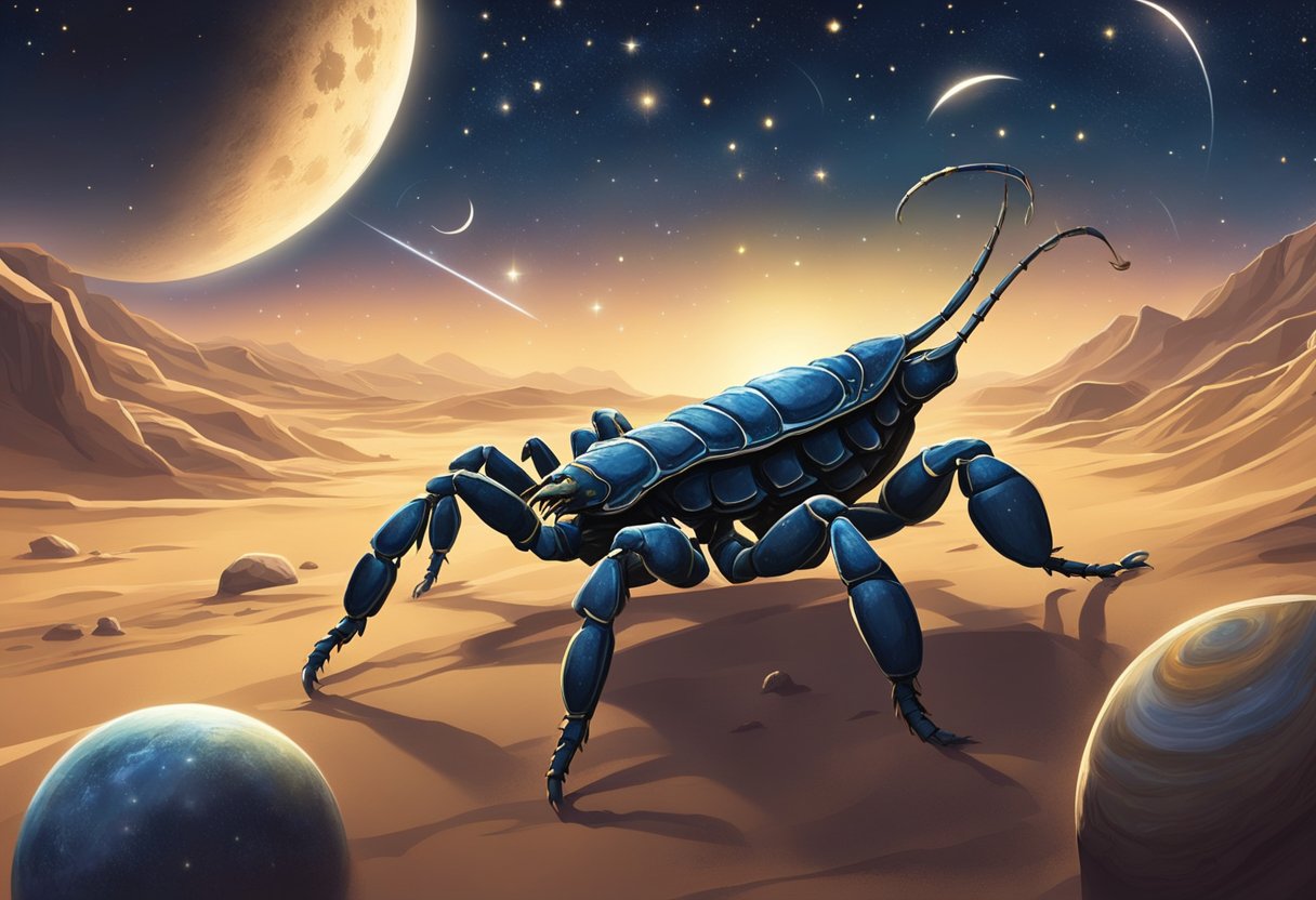 A scorpion crawls across a celestial backdrop, surrounded by stars and planets. The moon shines brightly, casting a mysterious and enigmatic glow over the scene