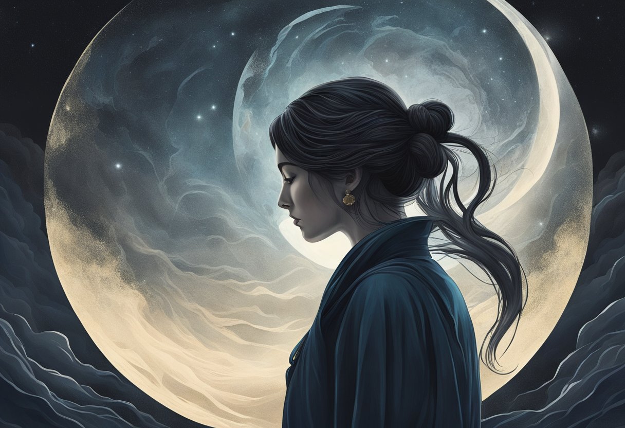 A shadowy figure stands beneath a brooding Scorpio moon, her emotions swirling like a tempest within. The atmosphere crackles with intensity, hinting at the depths of her enigmatic complexity