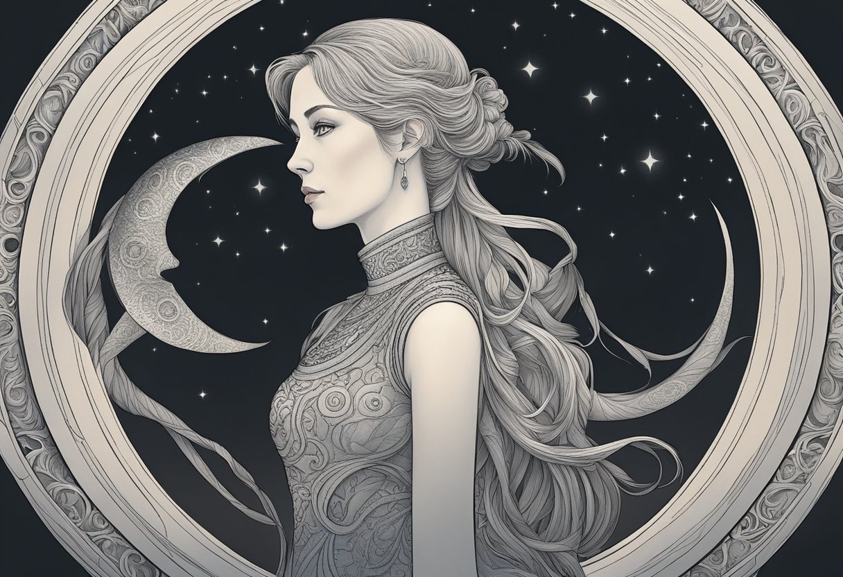 A woman stands in the shadows, her intense gaze revealing both love and confrontation. The Scorpio moon casts an eerie glow, emphasizing the complex emotions swirling around her