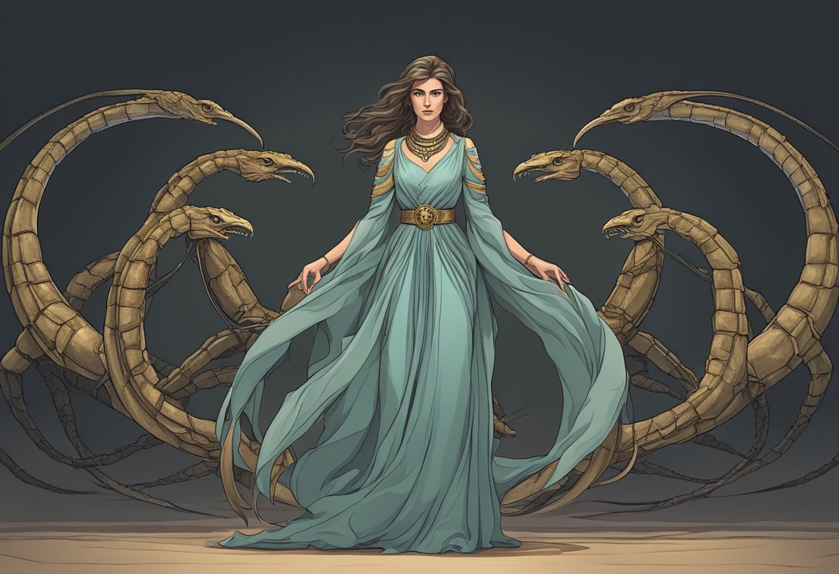 A woman in a flowing dress stands alone, surrounded by a ring of scorpions, their tails raised in a defensive stance