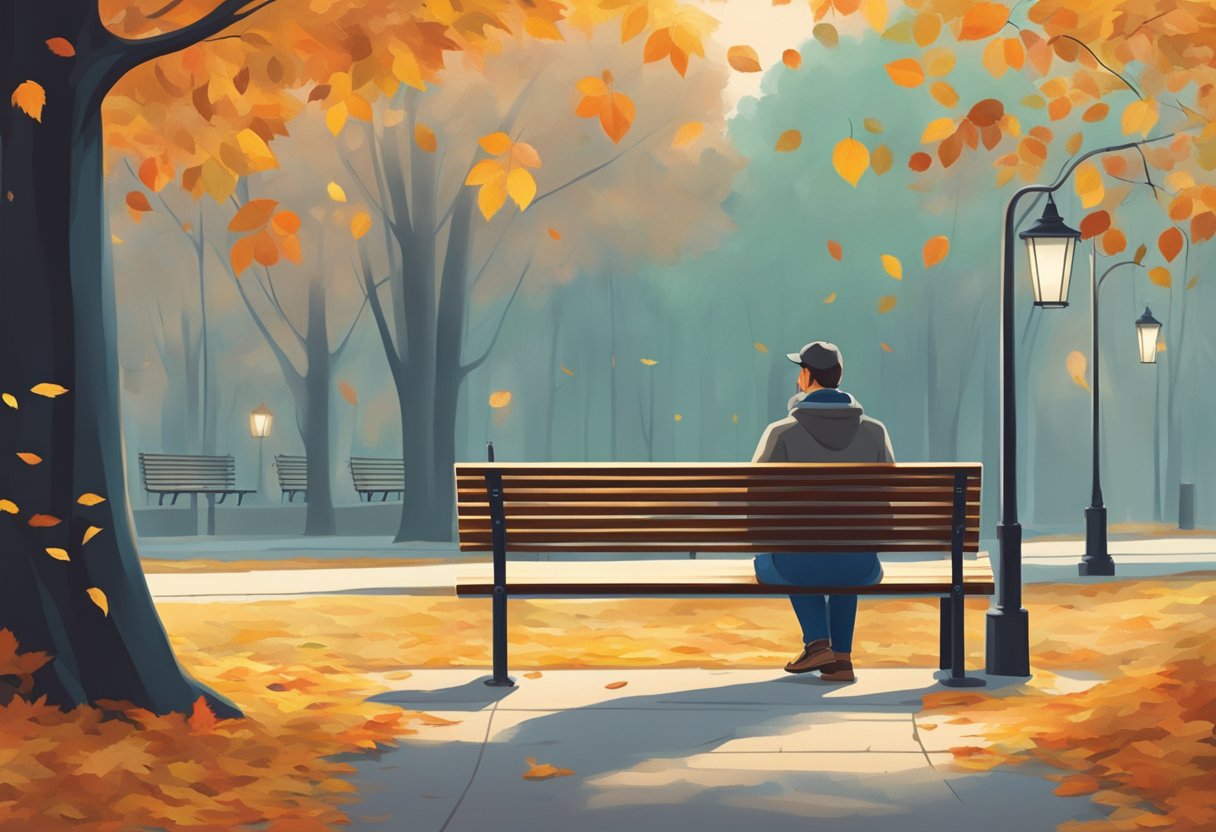 A figure sits alone on a park bench, staring at their phone. The background is filled with autumn leaves and a sense of longing