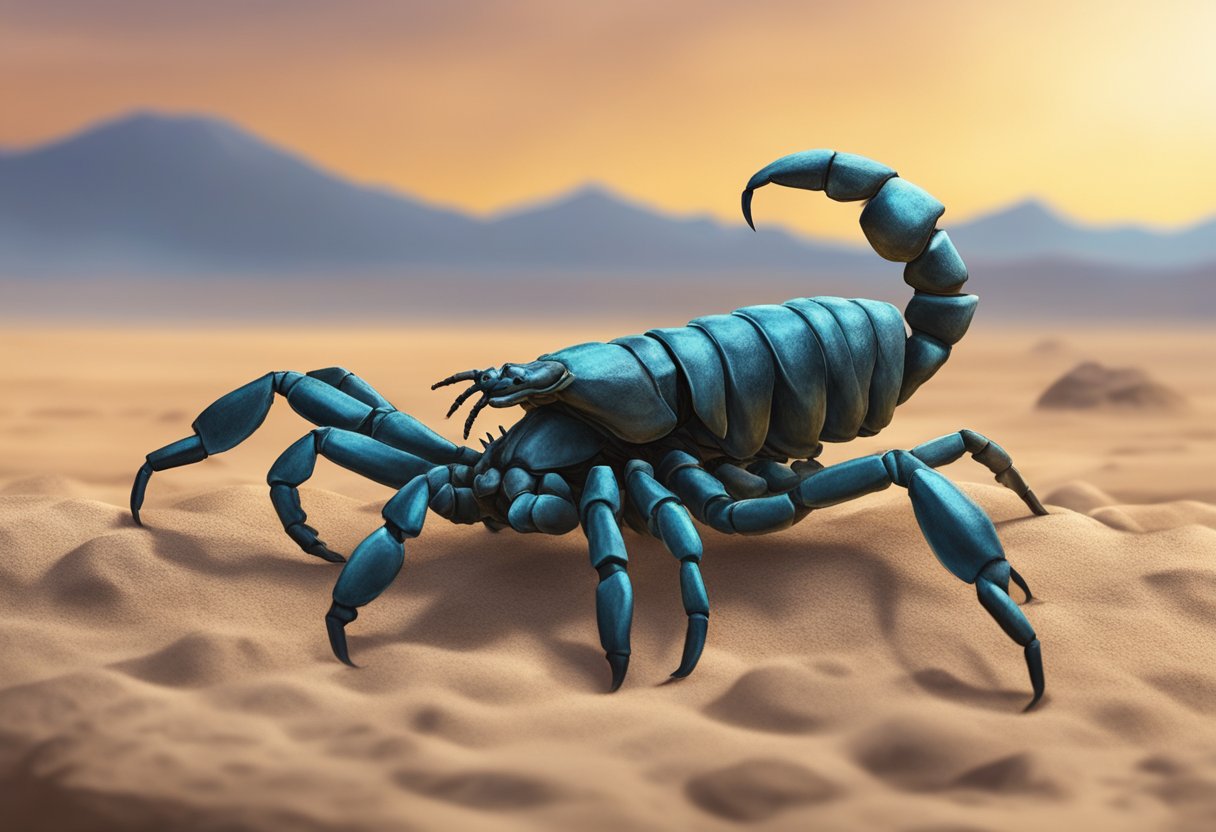 A lone scorpion sits isolated, its stinger raised in defense. The surrounding environment is barren, with no signs of life or interaction