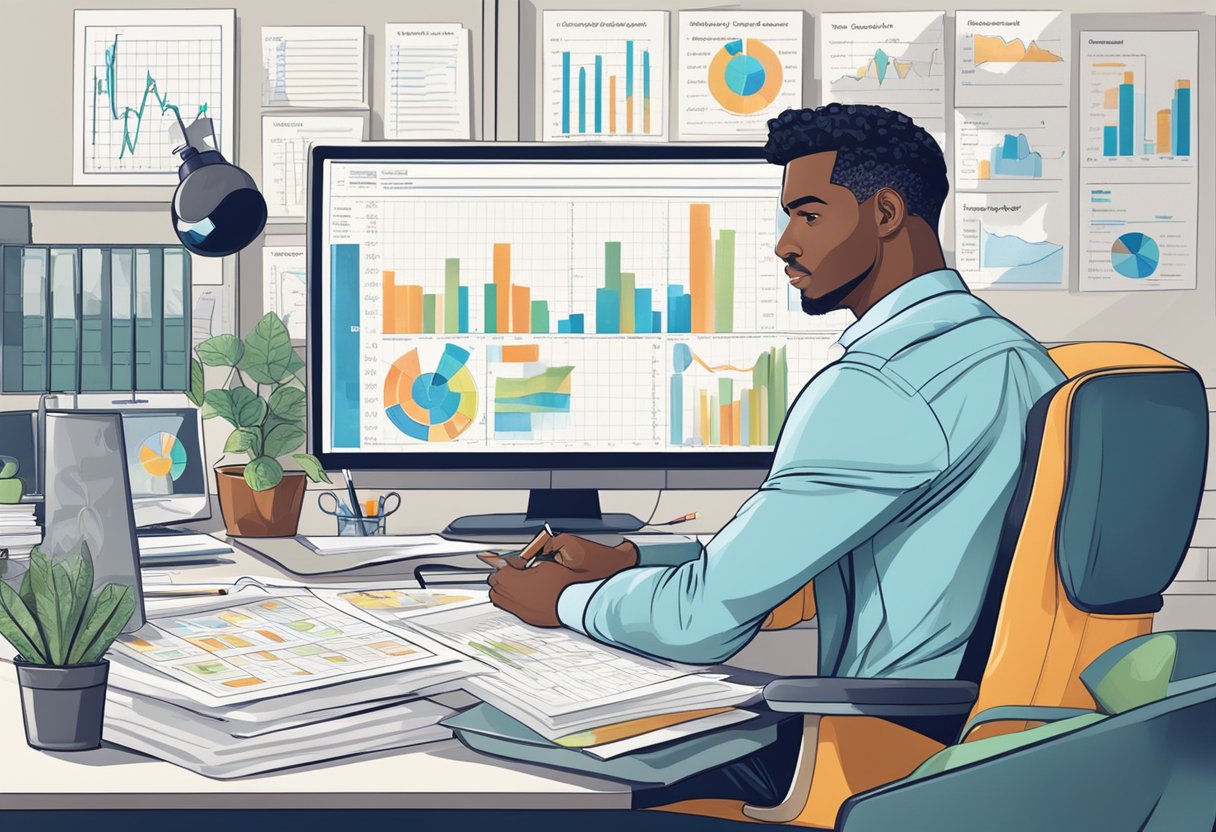 A Scorpio man sits at a desk, surrounded by spreadsheets and charts. He meticulously plans and strategizes his financial management, exuding a focused and determined mindset