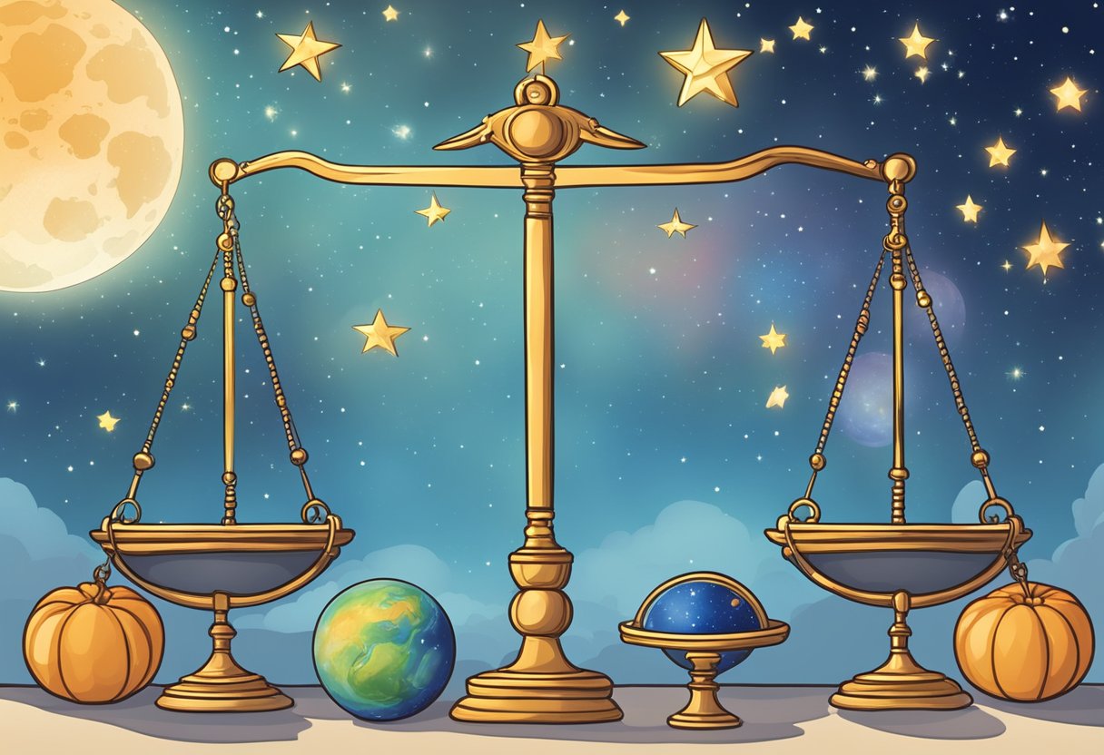 A celestial backdrop with Libra scales, Scorpio symbol, and a calendar marking October 24th. Bright stars and planets fill the sky