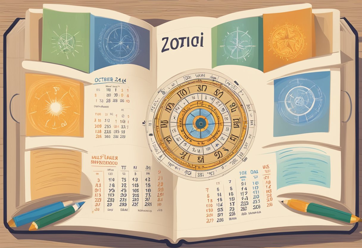 An open book with a zodiac wheel and a calendar showing October 24. Various personality traits are written around the wheel