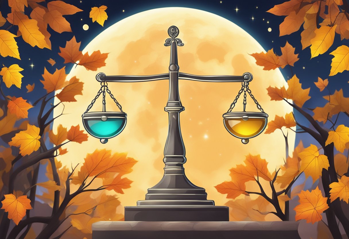 A glowing Libra symbol surrounded by autumn leaves and a full moon in the background scorpio cusp