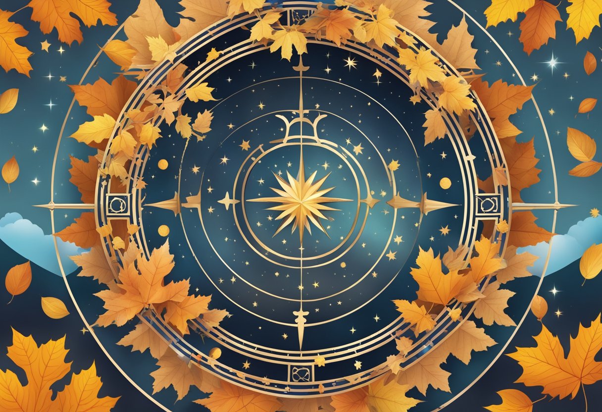 A celestial wheel with Libra and Scorpio symbols, surrounded by autumn leaves and a crescent moon