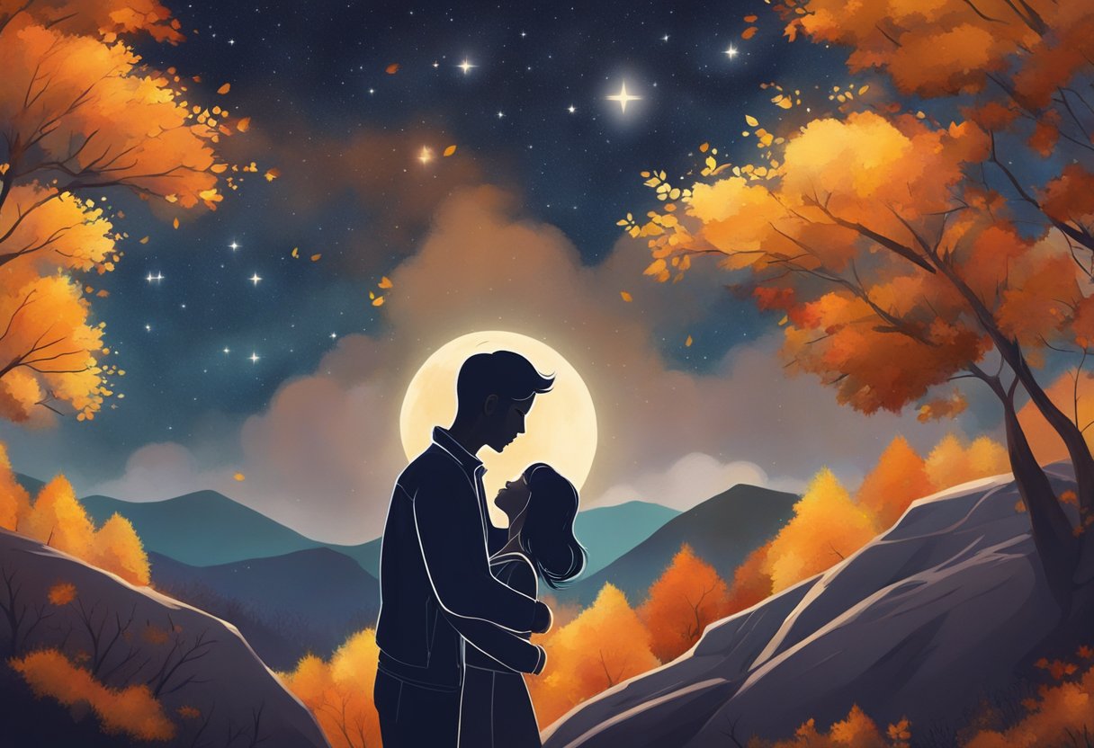 A couple embraces under a starry sky, surrounded by the colors of autumn. Their connection is evident in their body language, as they share a deep and meaningful bond