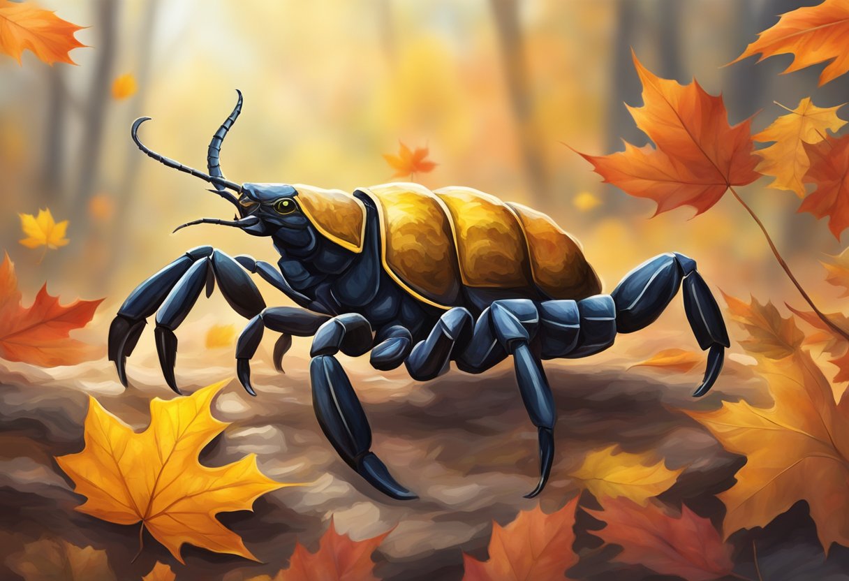 A scorpion symbolizing intensity and passion, surrounded by autumn leaves and the colors of the changing season