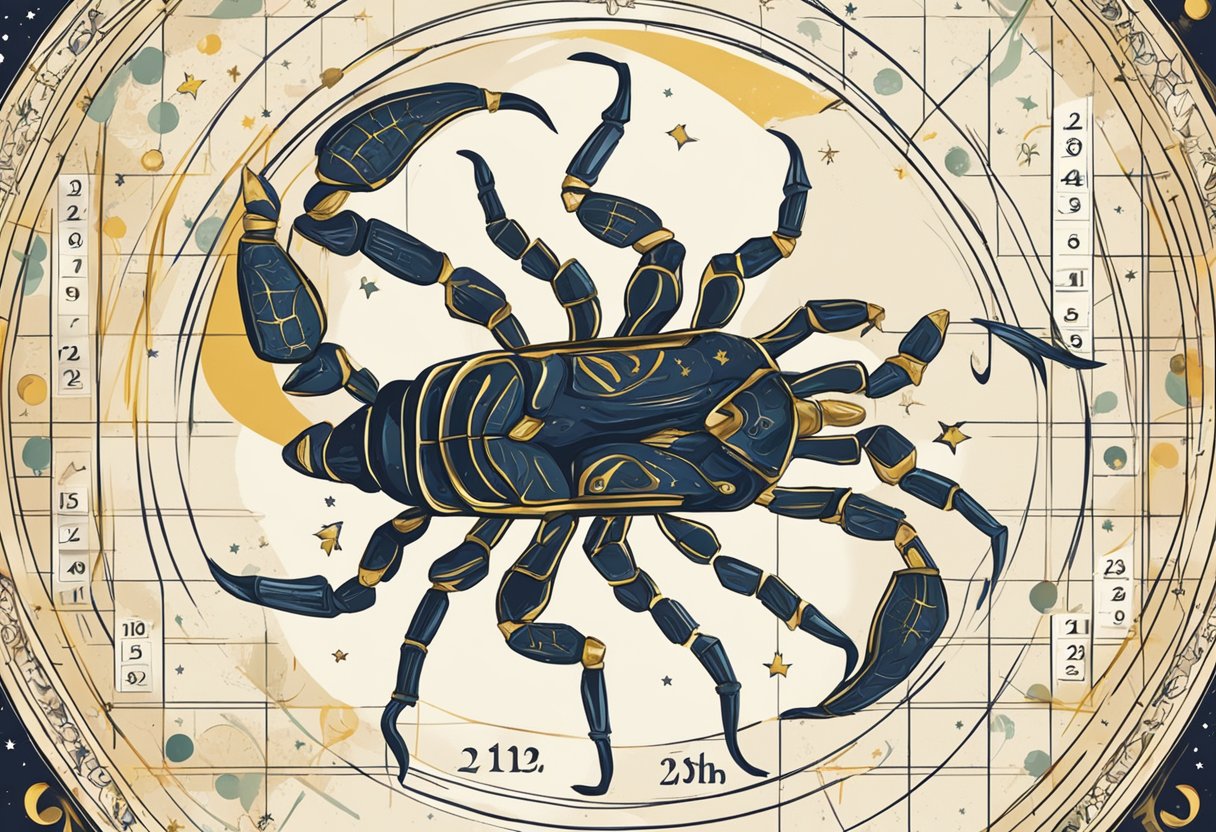 A scorpion crawls over a calendar with the date October 25th circled. Stars and astrological symbols surround the zodiac sign Scorpio