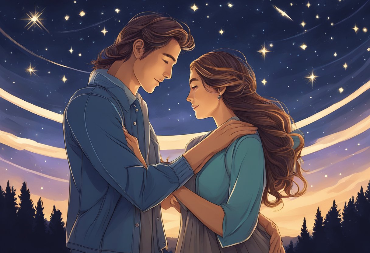 A Scorpio man and Leo woman embrace under a starry night sky