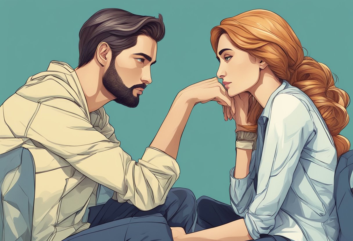 A Scorpio man and Leo woman sit facing each other, engaged in deep conversation. Their body language exudes passion and intensity, as they maintain eye contact and lean in towards each other