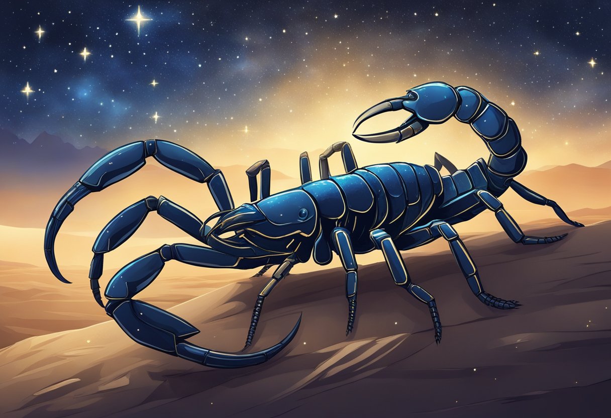 A scorpion emerges from the shadows under a starry night sky, its tail raised in a defensive stance, while the constellation of Scorpio shines brightly overhead