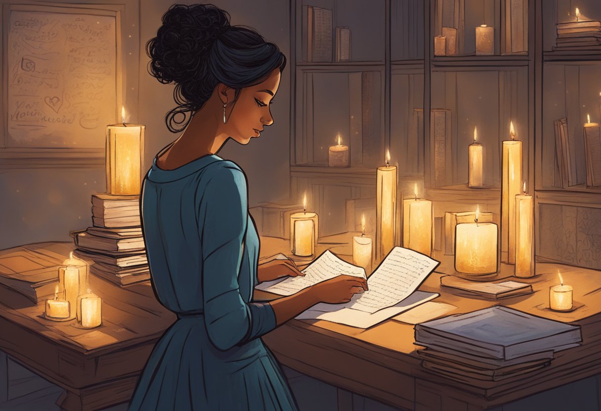 A Scorpio woman stands in a dimly lit room, surrounded by flickering candles. She gazes at a handwritten letter, her expression softening as she reads the heartfelt words