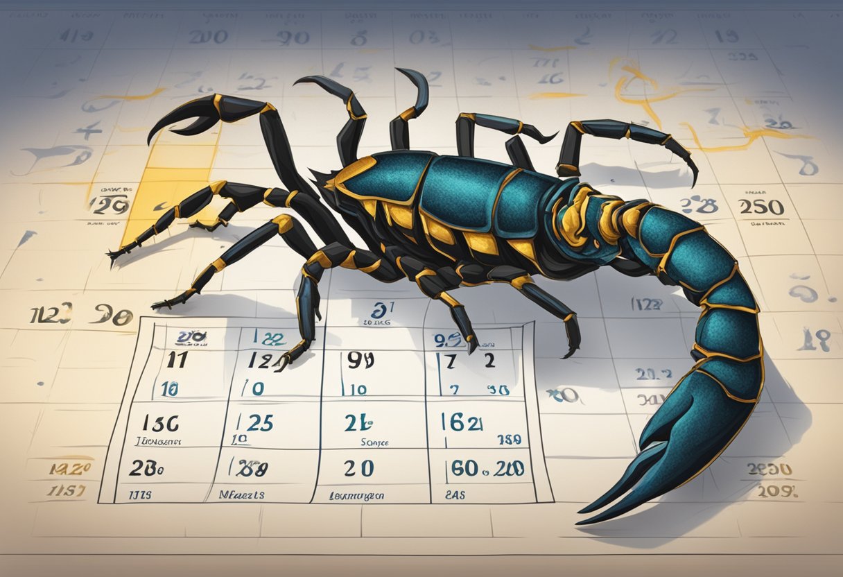 A scorpion emerging from a calendar with the zodiac sign for Scorpio highlighted on the birthdate boundaries